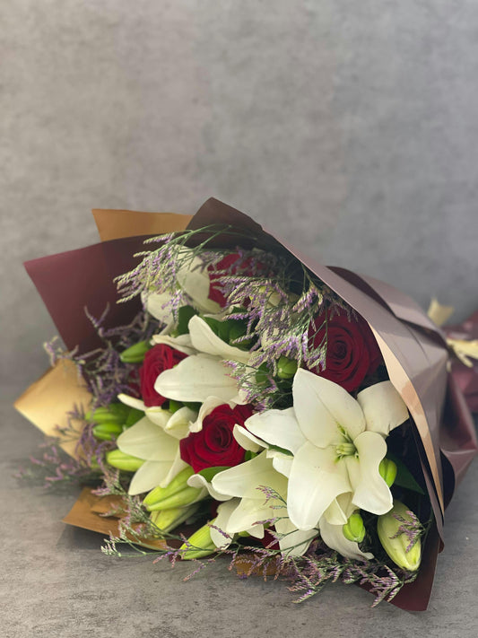 White Lilies and Red Rose Bouquet