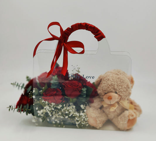 Acrylic bag roses & Teddy bear