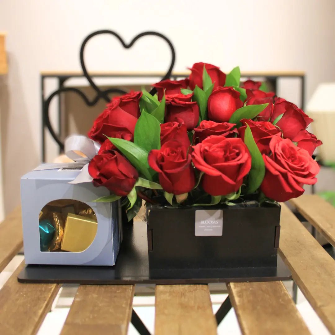 20 Roses In A Box + Chocolate Box 250 Gm Flowers Shop Amman Blooms Flowers