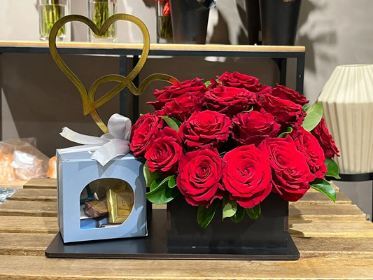 Red roses + 250gm chocolates Flowers Shop Amman Blooms Flowers